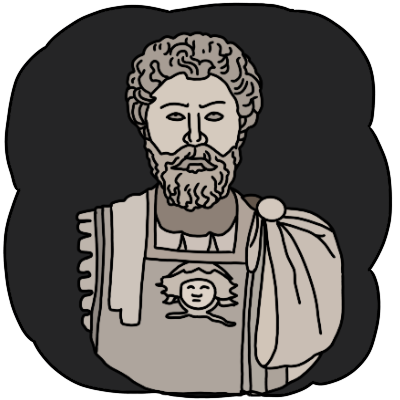 a bust of Marcus Aurelius in a dark grey thought cloud.